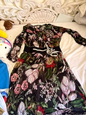 Floral Long-Sleeve Black Maxi Dress with Tie Waist